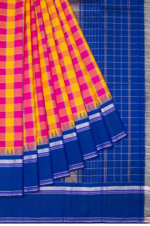 Multi Colour Chequered Kanchipuram Silk Saree with Gold Zari Design