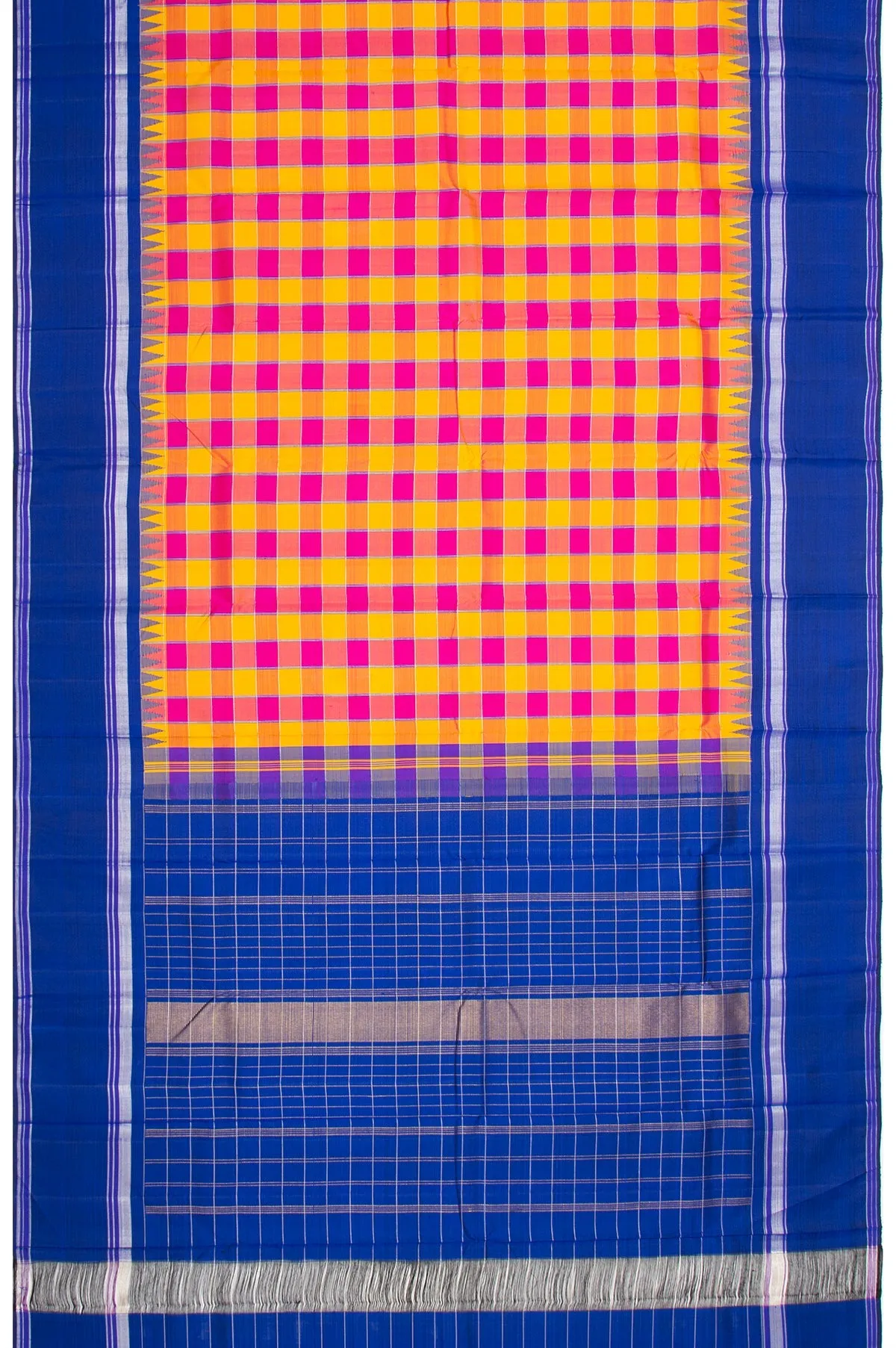 Multi Colour Chequered Kanchipuram Silk Saree with Gold Zari Design