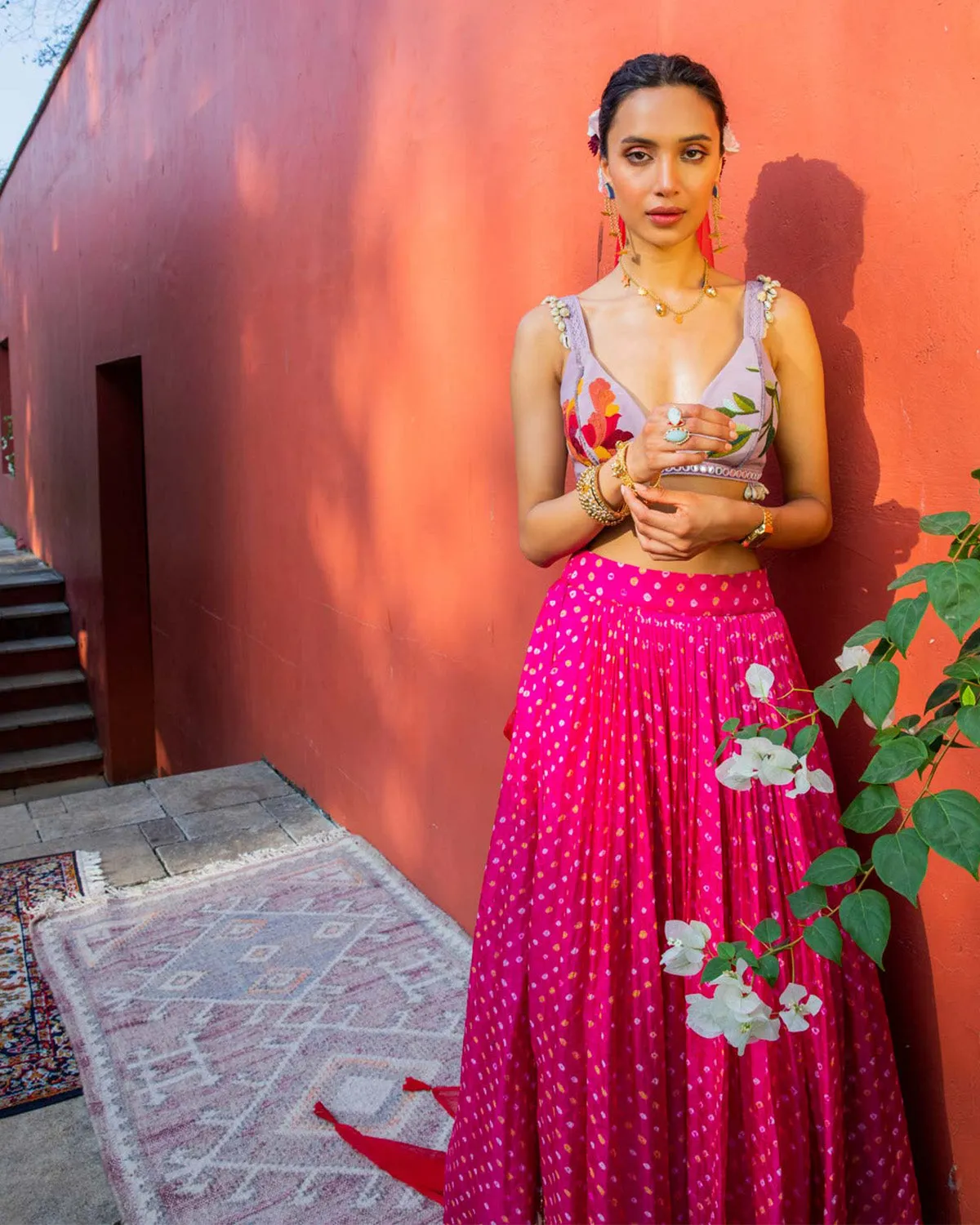 Pink Bandhini, Lilac & Red Lehenga