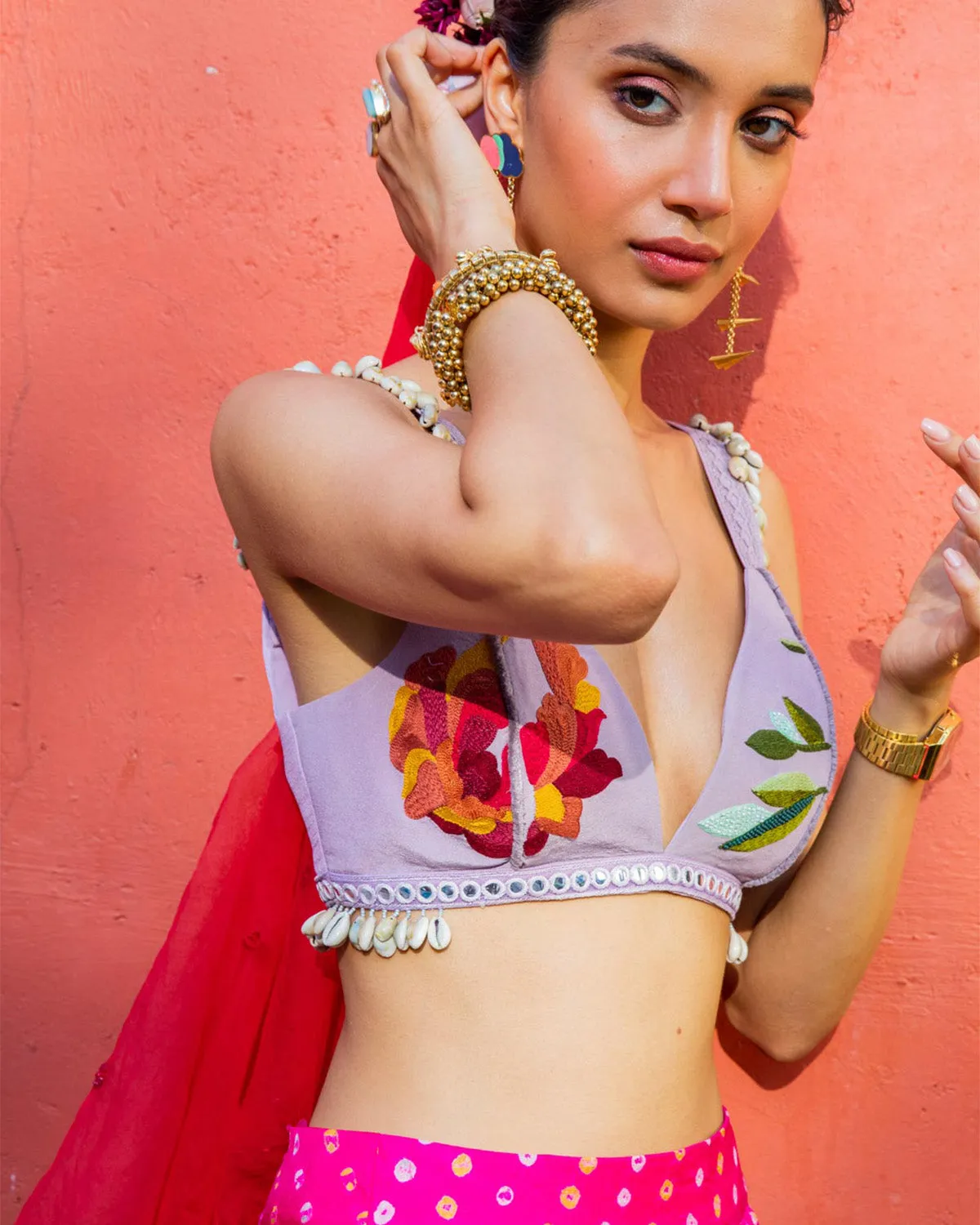 Pink Bandhini, Lilac & Red Lehenga