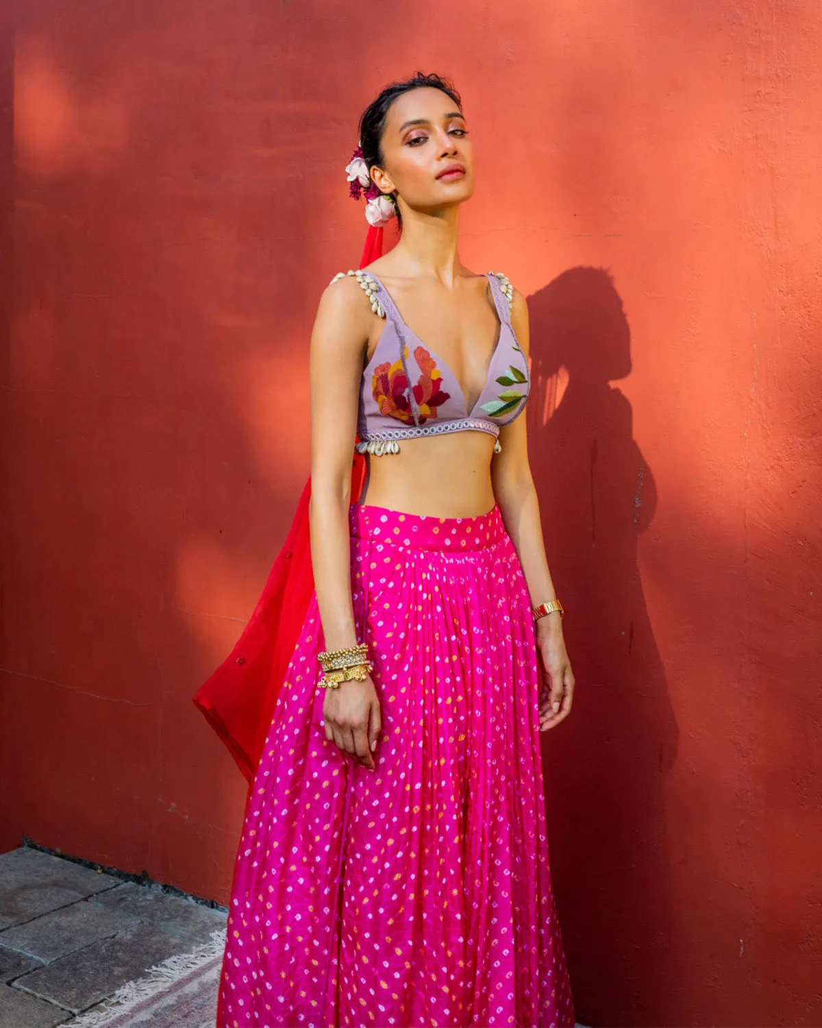 Pink Bandhini, Lilac & Red Lehenga