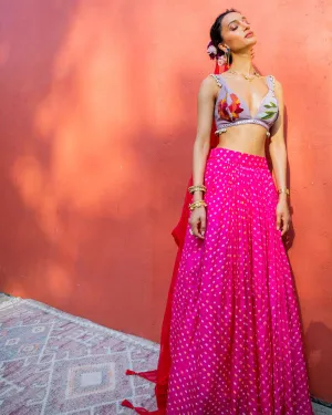 Pink Bandhini, Lilac & Red Lehenga