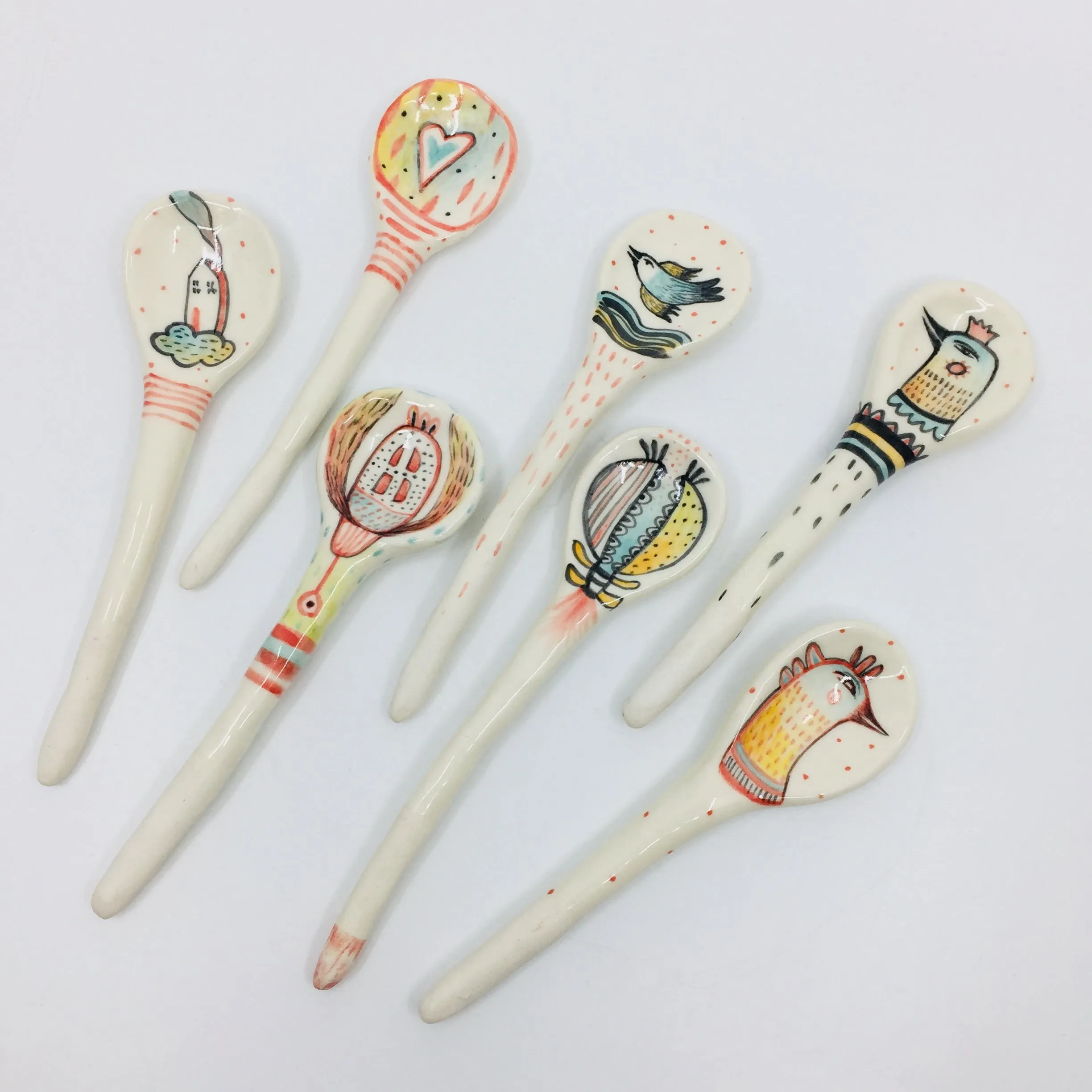 Porcelain Spoons with Birds or Flowers by Maria Moldovan