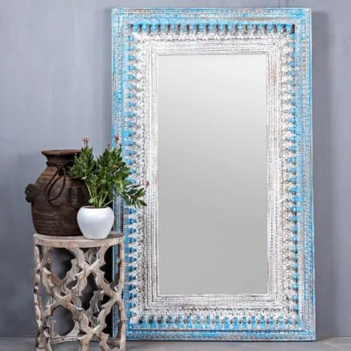RFE Wooden Framed Wall Mirror, Hand Painted Wood Design, for Living Spaces