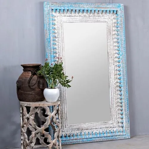 RFE Wooden Framed Wall Mirror, Hand Painted Wood Design, for Living Spaces