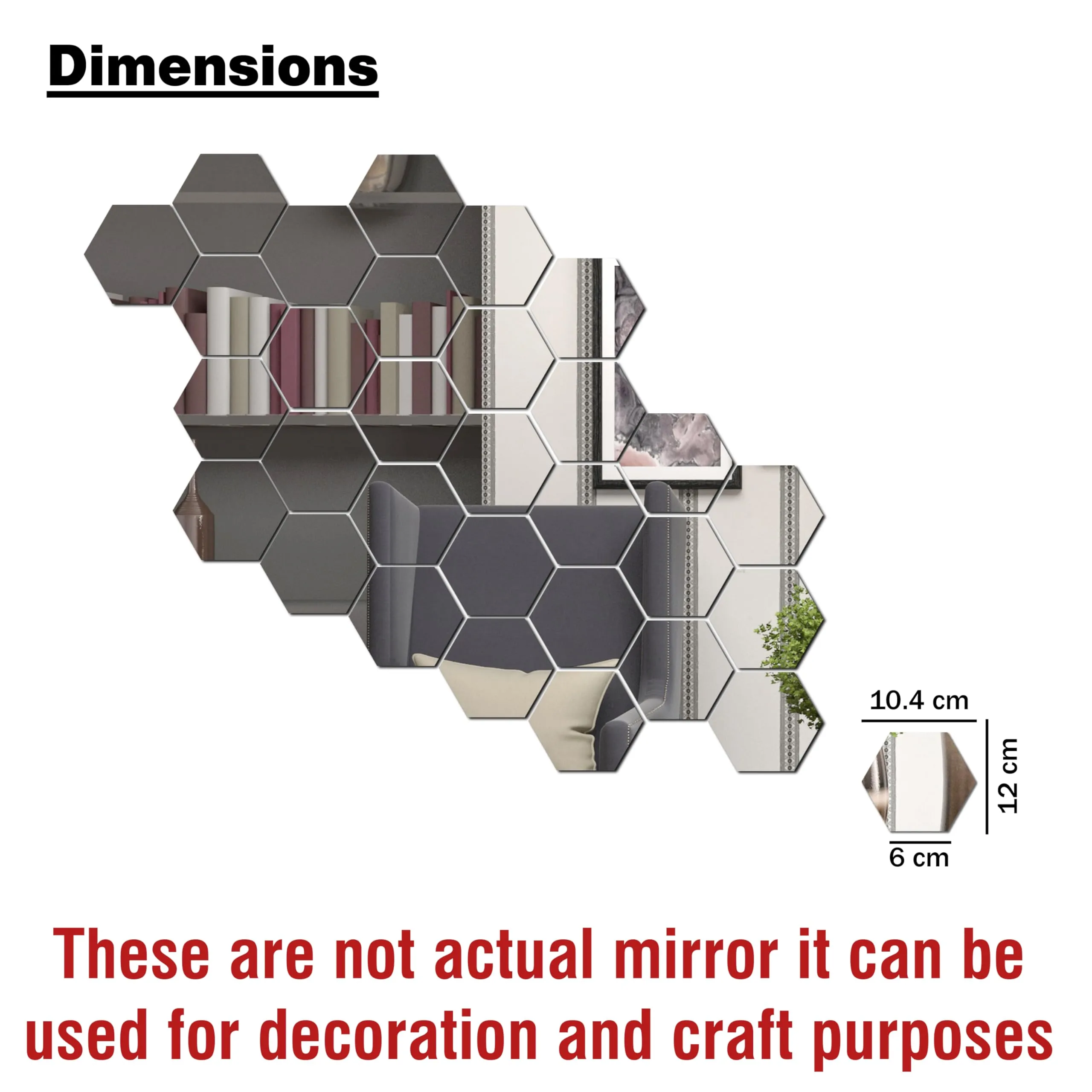 Rousrie Hexagonal Mirror with Butterfly Wall Sticker, Silver Glass Mosaic Decoration, 24 Hexagonal Acrylic Mirrors