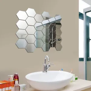 Rousrie Hexagonal Mirror with Butterfly Wall Sticker, Silver Glass Mosaic Decoration, 24 Hexagonal Acrylic Mirrors