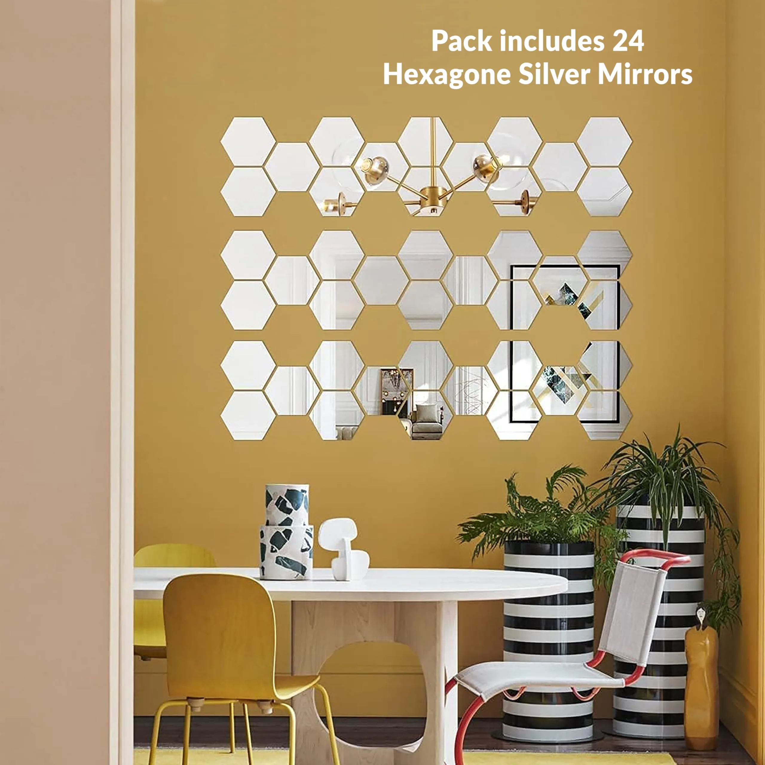 Rousrie Hexagonal Mirror with Butterfly Wall Sticker, Silver Glass Mosaic Decoration, 24 Hexagonal Acrylic Mirrors