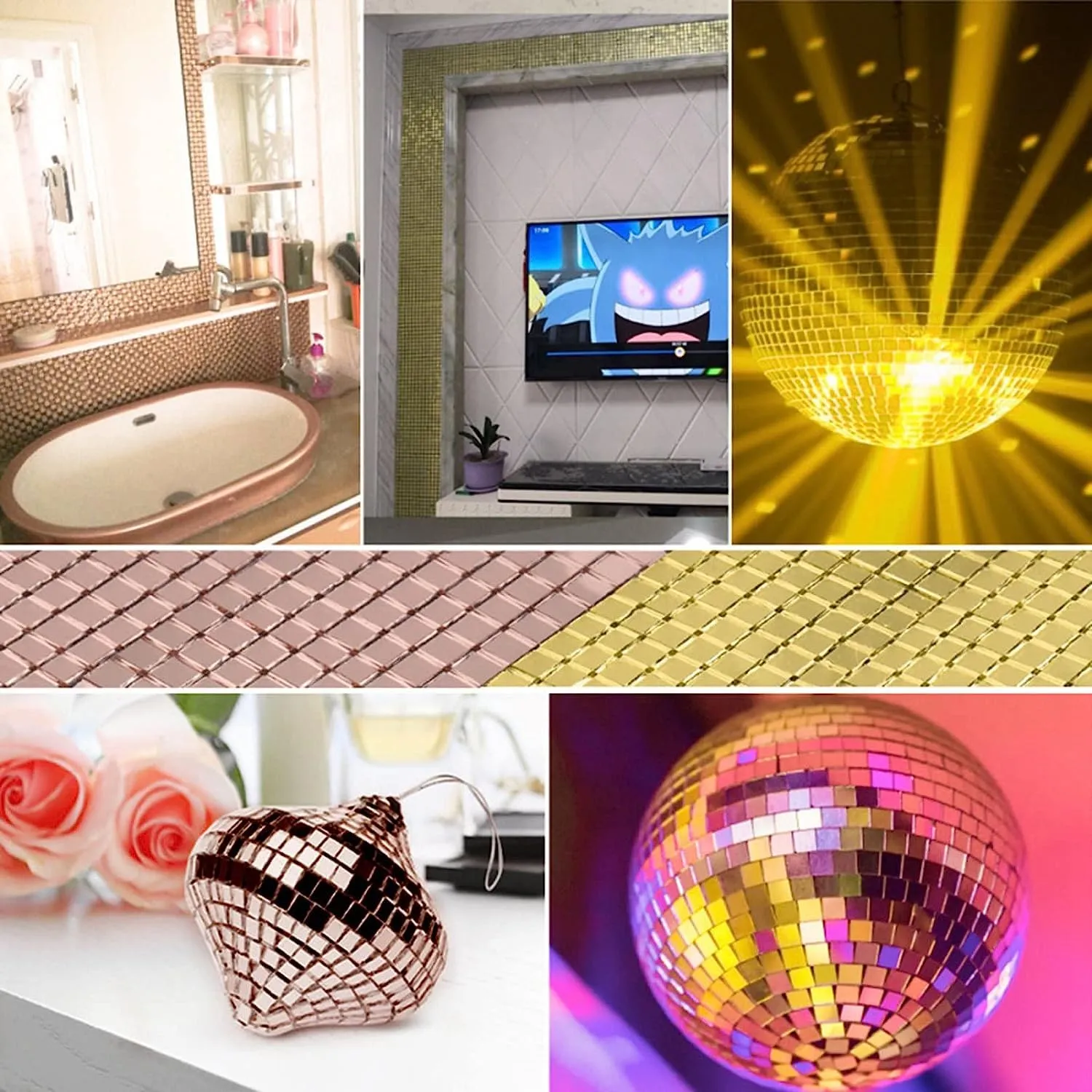 Sarvadeshi Self-Adhesive Mosaic Mirror Stickers Art Kit, Mirror Tiles Wall Art Stickers, Mini Glass Roll Mirror Mosaic Tiles Wall Decal for DIY Home Craft Decoration Material. (Copper Roll_2 PC)