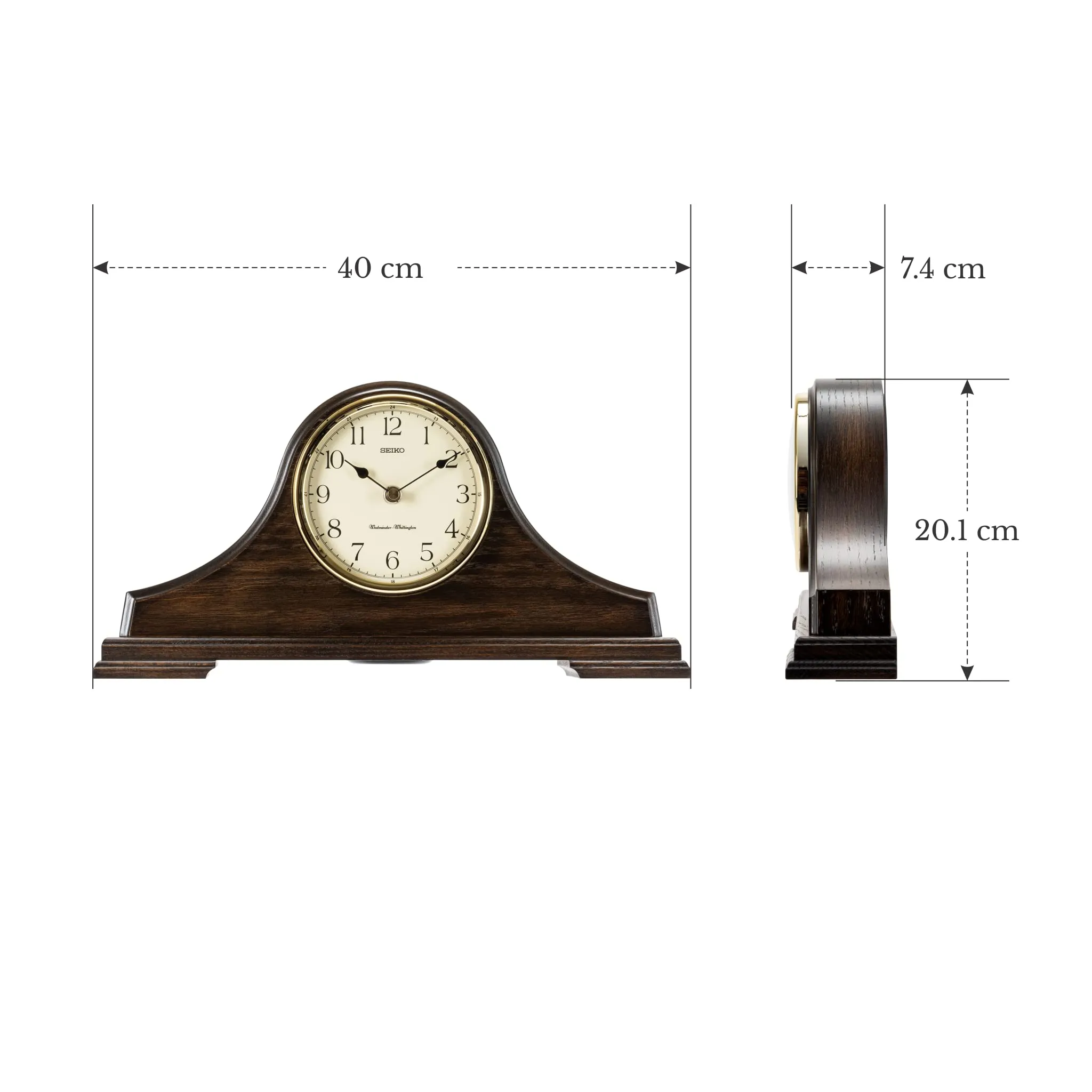SEIKO Classic Table Top Brown Wooden English Numbers Table/Desk Clock for Study Room Home Office Desk Decoration Gifts (Size: 40 x 7.4 x 20.1 CM | Weight: 1700 gram)