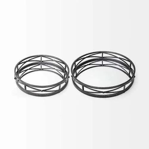 Set of 2 Round Matte Black Metal With Mirrored Glass Bottom Trays