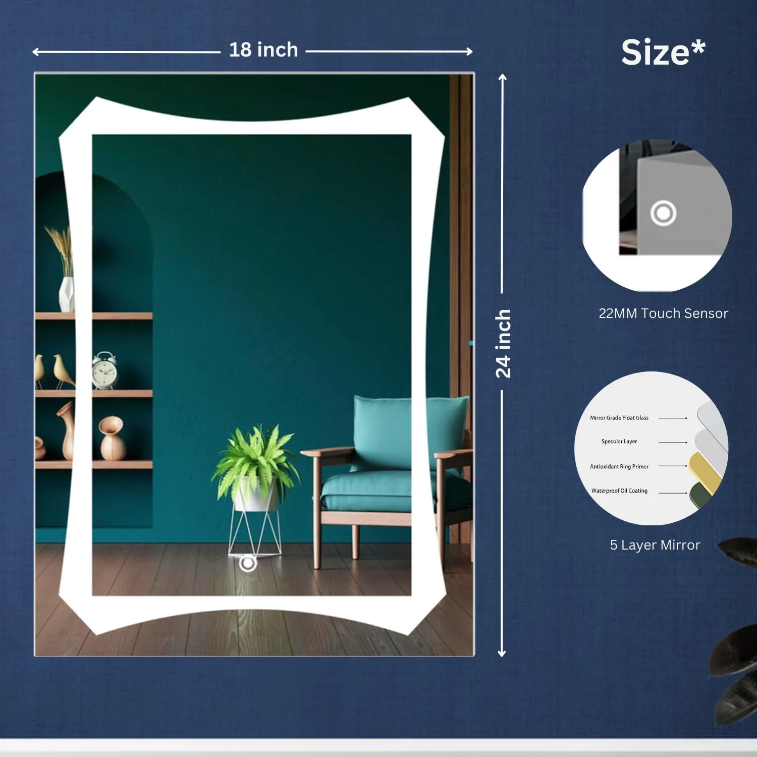 Sunsyze Bathroom Wall Mounted Rectangular Mirror with LED Light, 18x24 Inch Touch Sensor Led Mirror with 3 Color Lights (Warm   White   Natural Light) Brightness Adjustable