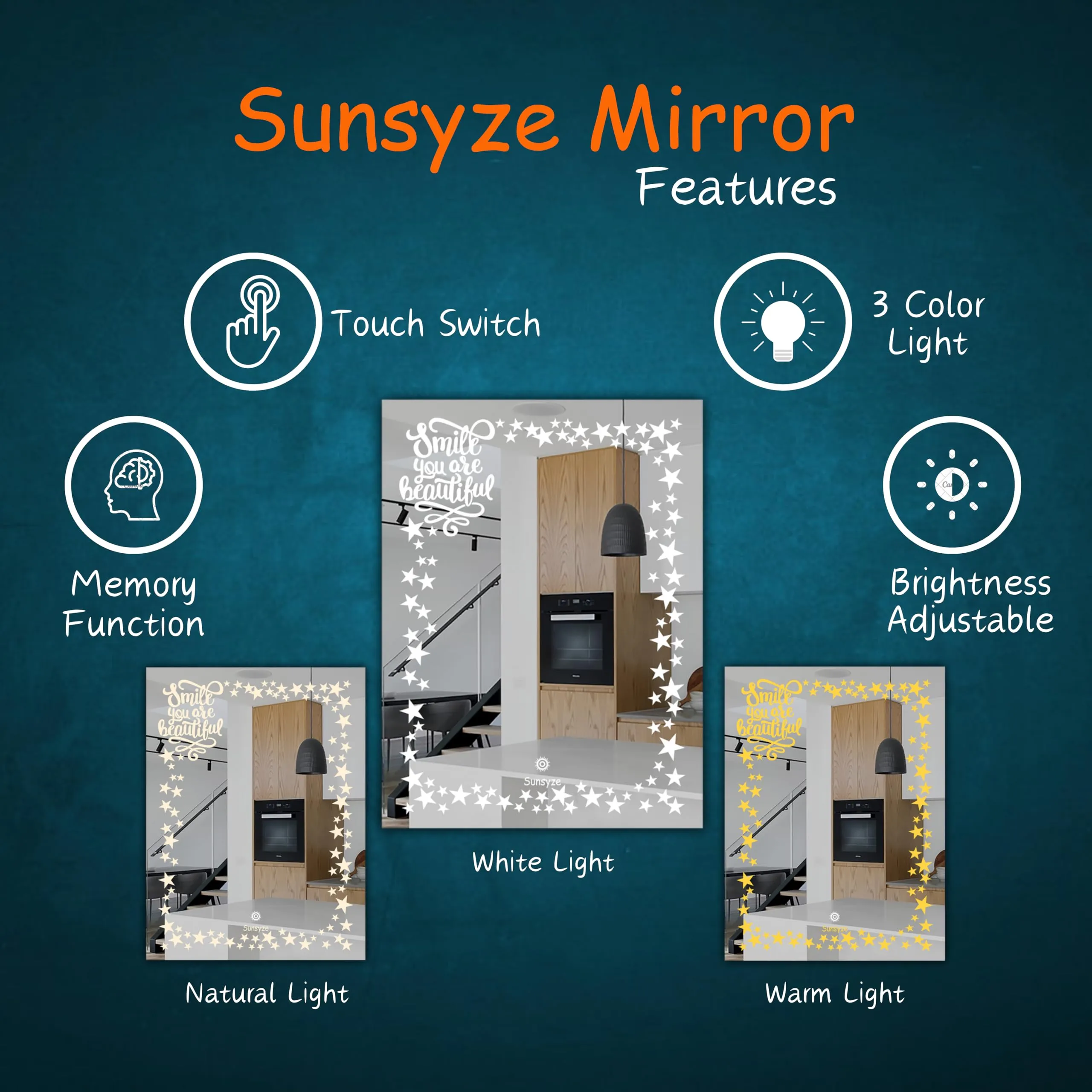 Sunsyze Modern Led Mirror for Bathroom & Bedroom, Styles Mirror with Light, Touch Sensor Controlled with 3 Colour Lights and Brightness Adjustable (18x24 Mirror Size)