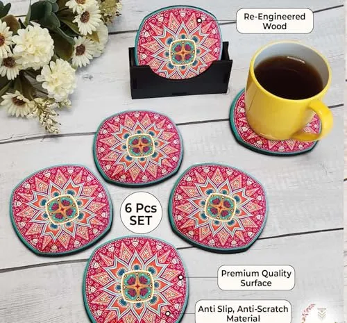Tea Coasters Set of 6, Beautiful Design with Stand for Tea Cups, Coffee Mugs, and Glasses, Ideal for Diwali Gifting (Jaypore)