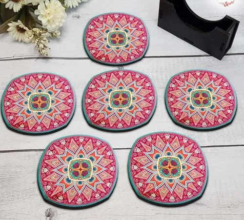 Tea Coasters Set of 6, Beautiful Design with Stand for Tea Cups, Coffee Mugs, and Glasses, Ideal for Diwali Gifting (Jaypore)