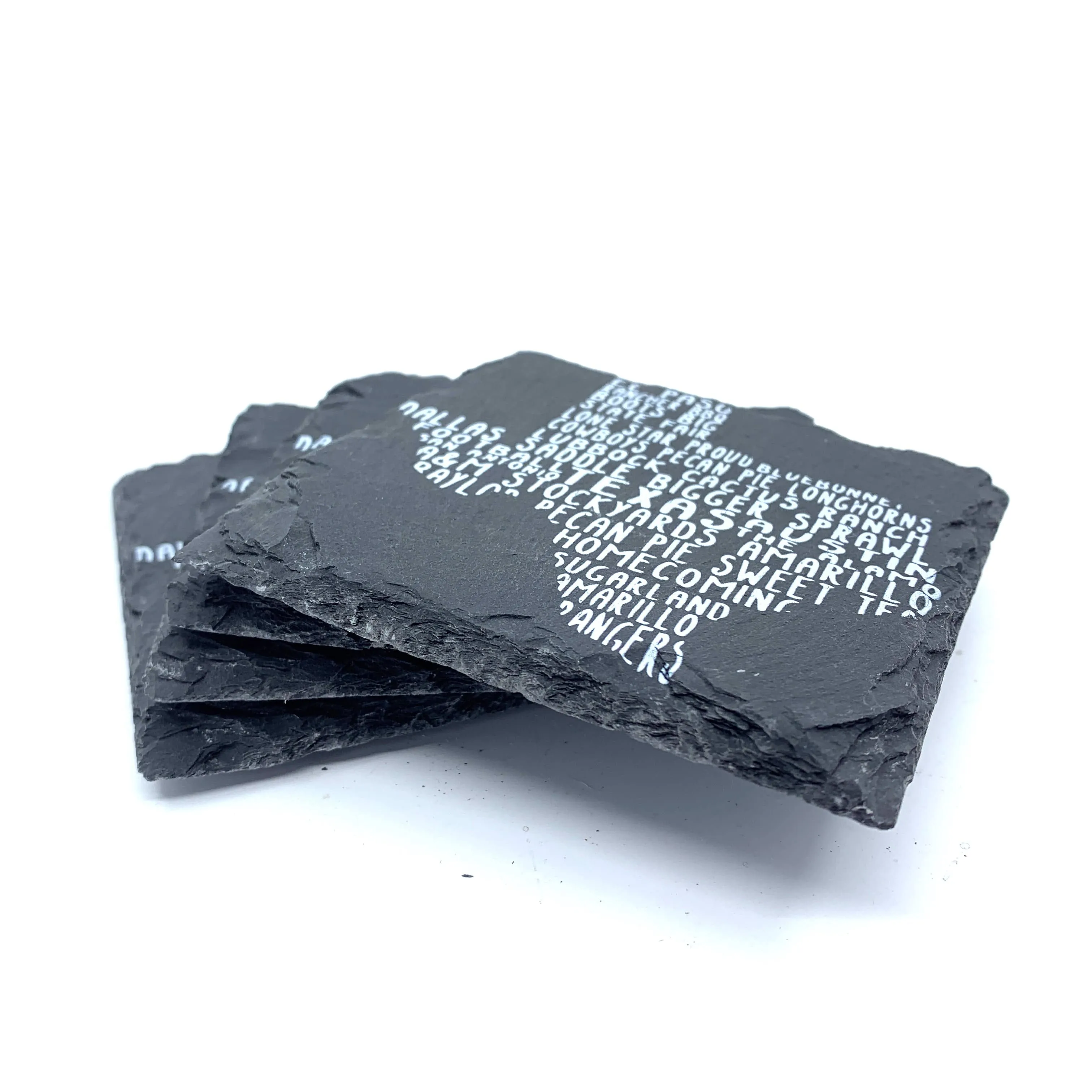 Texas Word Art Black Slate Coaster Set