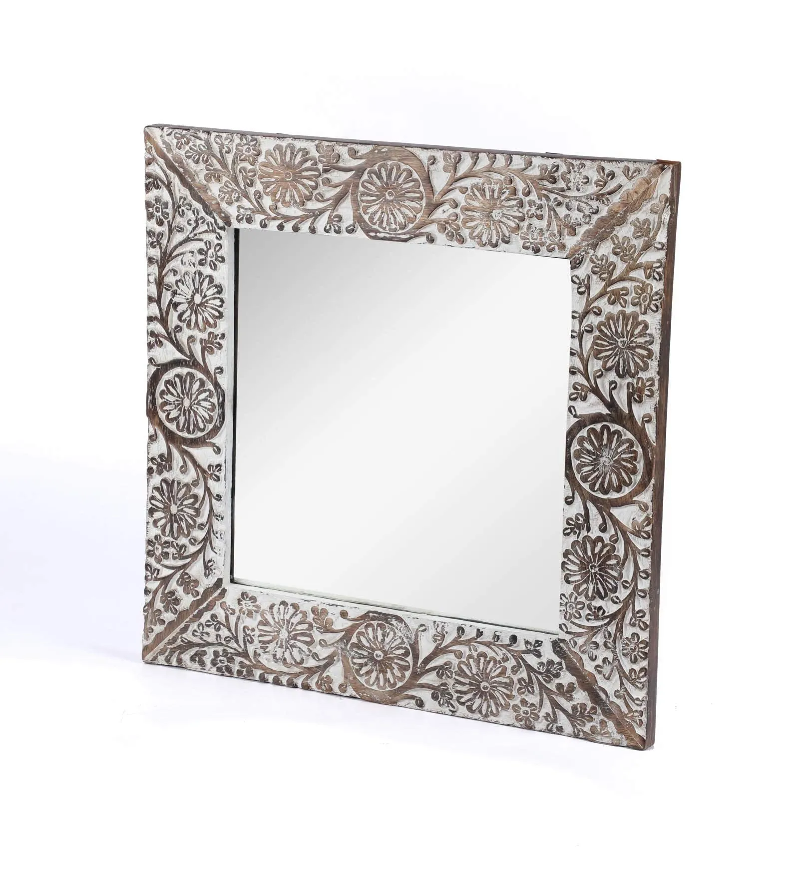 THE URBAN STORE Decorative & Hand Crafted Distressed White Finished Wooden Wall Mirror for Living Room, Bedroom, Hallway, Office (18x18-inch)