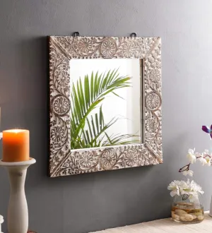 THE URBAN STORE Decorative & Hand Crafted Distressed White Finished Wooden Wall Mirror for Living Room, Bedroom, Hallway, Office (18x18-inch)