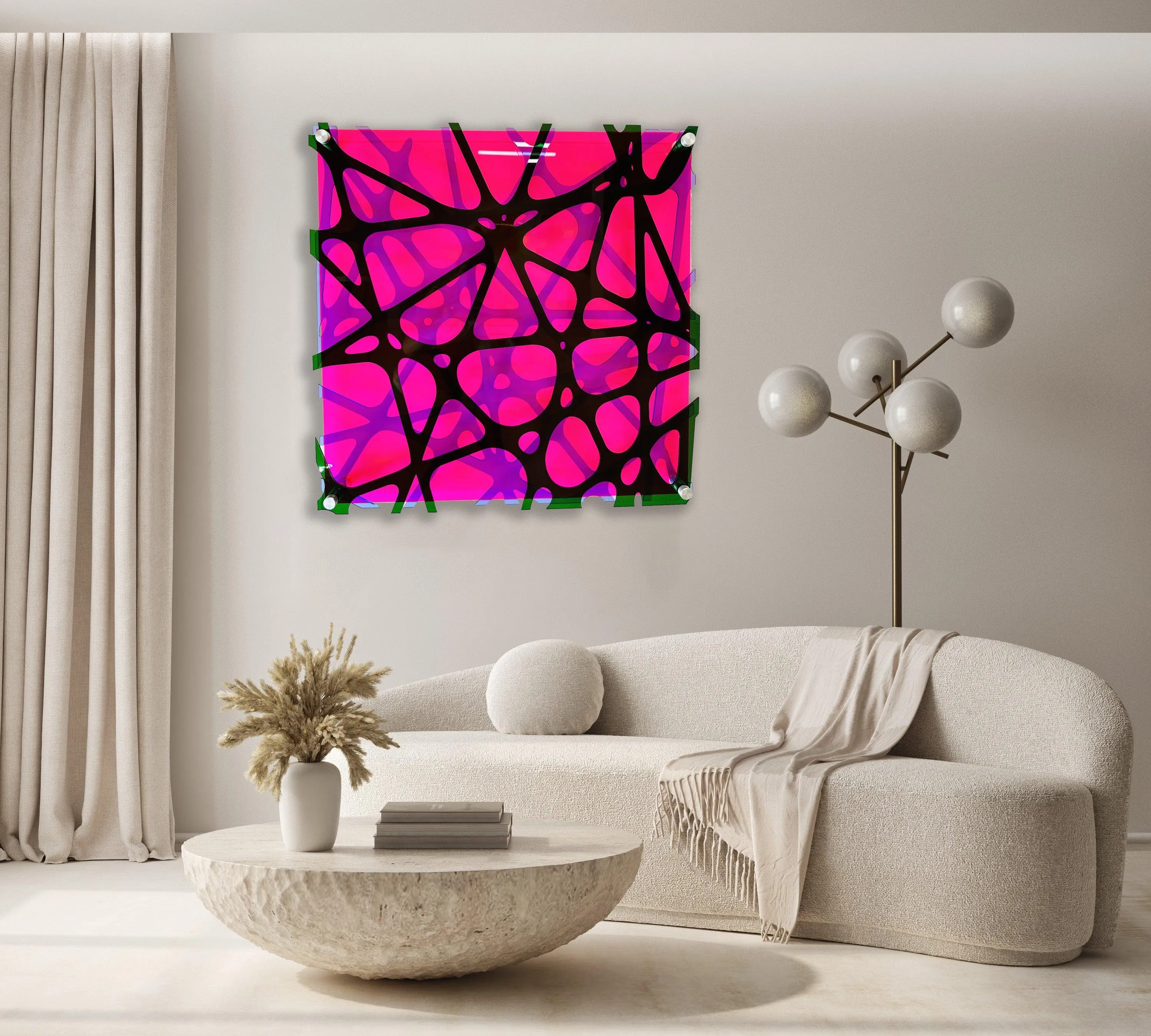 Triple Net 3D Wall Sculpture Transparent Acrylic Geometric Pink Wall Art