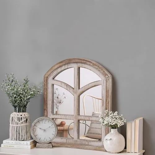 UPZING DECOR Wooden Rustic Wall Mirror Arched Window Mirro Framed Decorative Mirror for Entryway, Bedroom Living Room (Whitewashed)(24"X18" Inch) (1 Piece)