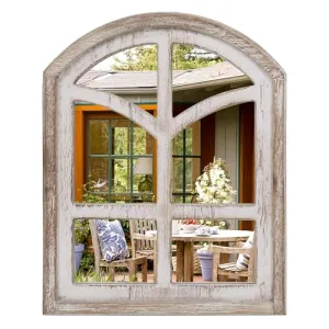 UPZING DECOR Wooden Rustic Wall Mirror Arched Window Mirro Framed Decorative Mirror for Entryway, Bedroom Living Room (Whitewashed)(24"X18" Inch) (1 Piece)