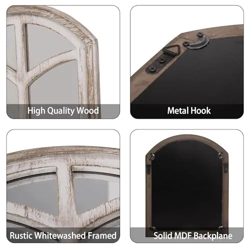 UPZING DECOR Wooden Rustic Wall Mirror Arched Window Mirro Framed Decorative Mirror for Entryway, Bedroom Living Room (Whitewashed)(24"X18" Inch) (1 Piece)