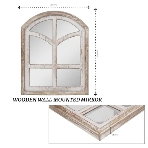 UPZING DECOR Wooden Rustic Wall Mirror Arched Window Mirro Framed Decorative Mirror for Entryway, Bedroom Living Room (Whitewashed)(24"X18" Inch) (1 Piece)
