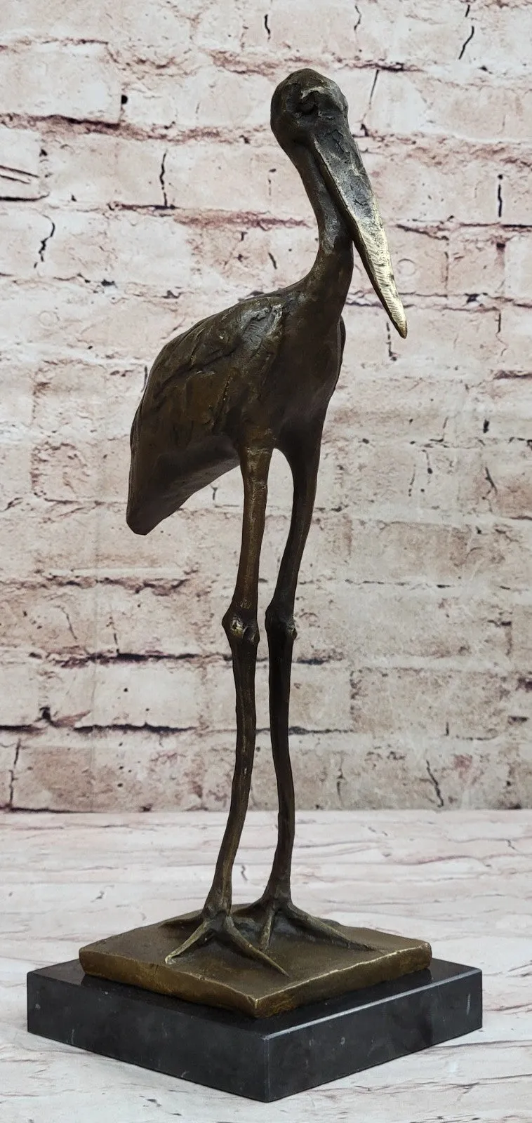 VINTAGE BRONZE OR BRASS CRANE/STORK SCULPTURE--FINELY DETAILED-GREAT PATINA ART