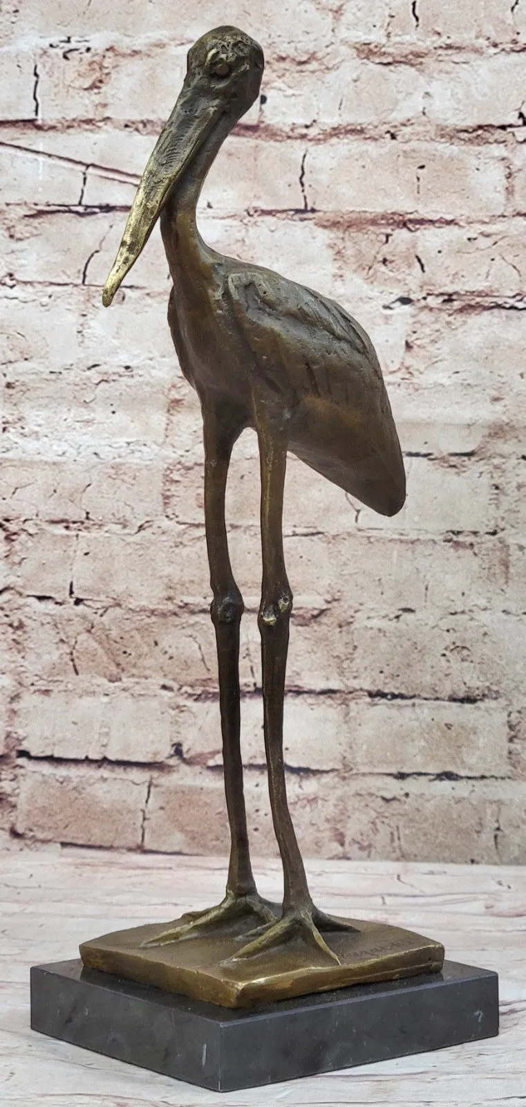 VINTAGE BRONZE OR BRASS CRANE/STORK SCULPTURE--FINELY DETAILED-GREAT PATINA ART