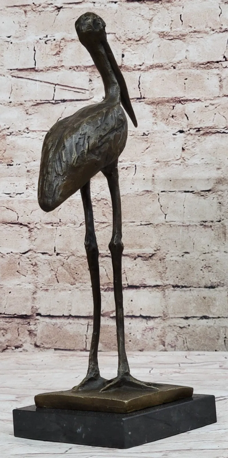 VINTAGE BRONZE OR BRASS CRANE/STORK SCULPTURE--FINELY DETAILED-GREAT PATINA ART