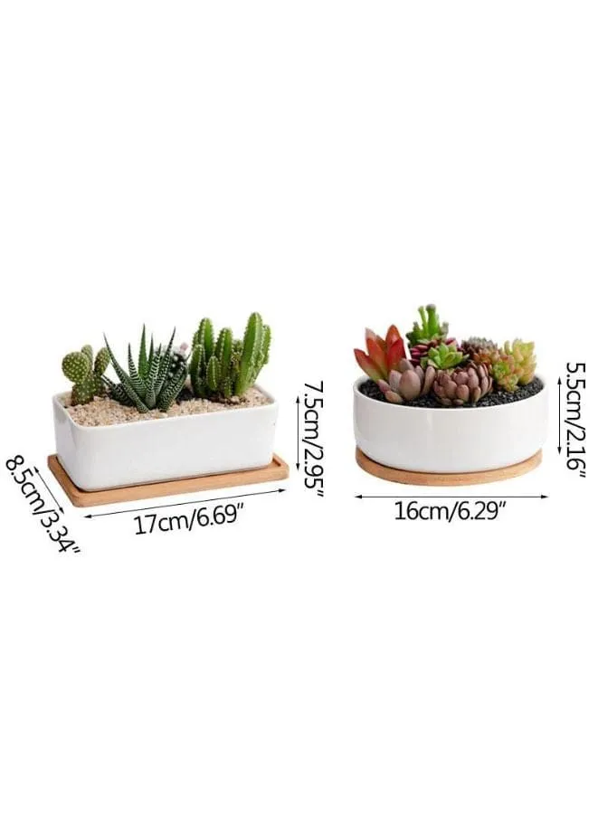 White Ceramic Indoor Plant Pots with Bamboo Tray, 1 Rectangle Pot   1 6.5 Inch Round Cactus Pot Set (Plants NOT Included)