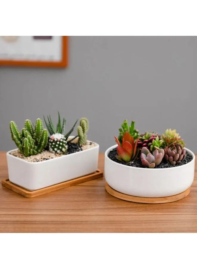 White Ceramic Indoor Plant Pots with Bamboo Tray, 1 Rectangle Pot   1 6.5 Inch Round Cactus Pot Set (Plants NOT Included)