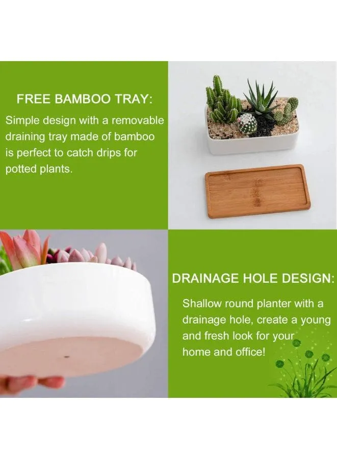 White Ceramic Indoor Plant Pots with Bamboo Tray, 1 Rectangle Pot   1 6.5 Inch Round Cactus Pot Set (Plants NOT Included)
