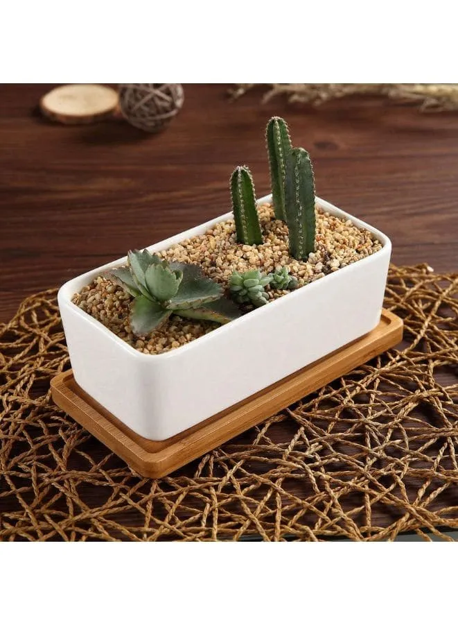 White Ceramic Indoor Plant Pots with Bamboo Tray, 1 Rectangle Pot   1 6.5 Inch Round Cactus Pot Set (Plants NOT Included)