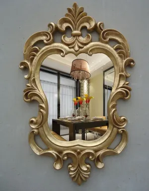 WoodIdea Wood Hand Crafted Round Distressed Finished Vanity Wall Mirror for Living Room, (24x36 Inches), Frame (Color Gold) No Glass Only Frame