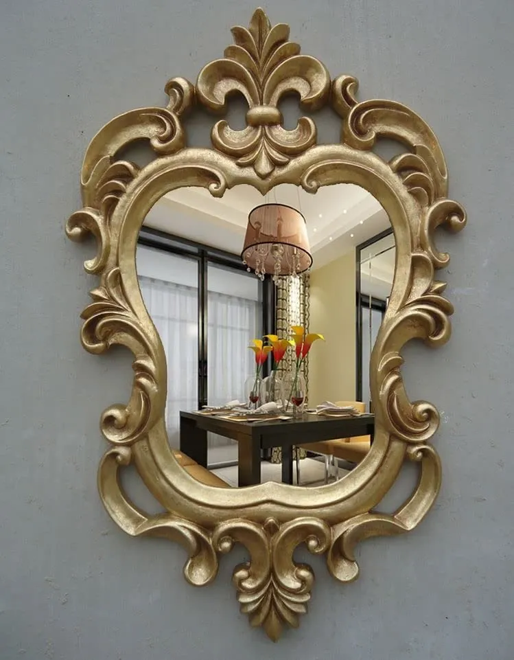 WoodIdea Wood Hand Crafted Round Distressed Finished Vanity Wall Mirror for Living Room, (24x36 Inches), Frame (Color Gold) No Glass Only Frame